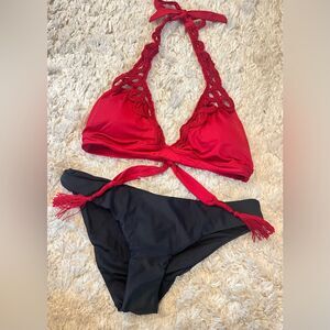 New Becca Red Tassel Crochet Black Bikini Set Set